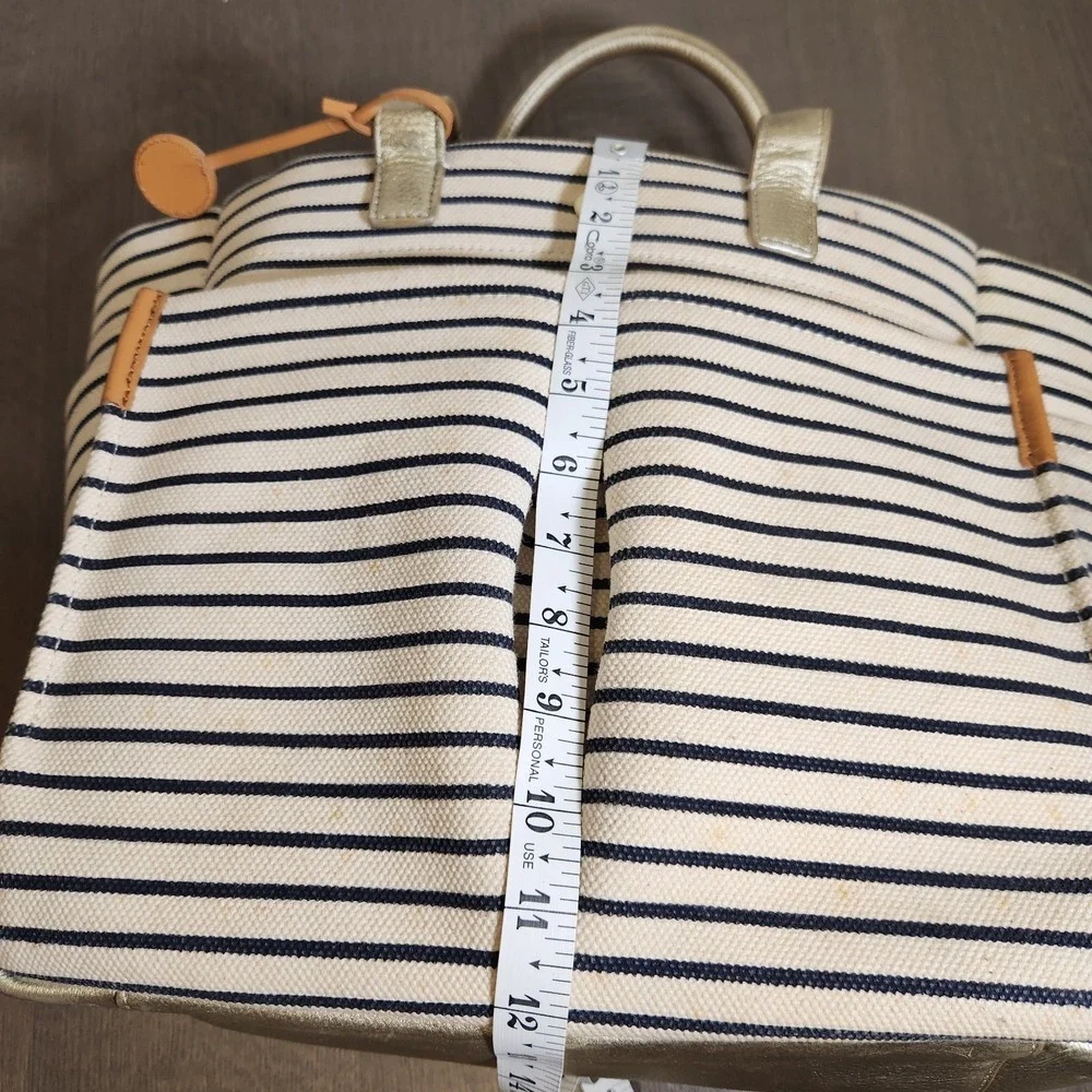 Tory Burch Striped Canvas Gold Metallic Leather Tote Bag Handbag Purse Nautical